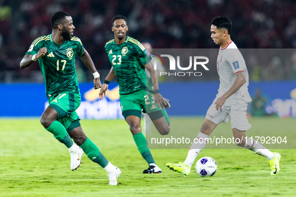 Marselino Ferdinan of Indonesia is in action during the FIFA World Cup Asian 3rd Qualifier Group C match against Saudi Arabia at Gelora Bung...