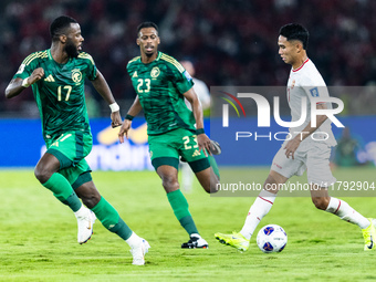 Marselino Ferdinan of Indonesia is in action during the FIFA World Cup Asian 3rd Qualifier Group C match against Saudi Arabia at Gelora Bung...