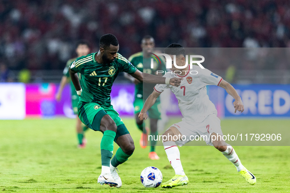 Marselino Ferdinan of Indonesia is in action during the FIFA World Cup Asian 3rd Qualifier Group C match against Saudi Arabia at Gelora Bung...