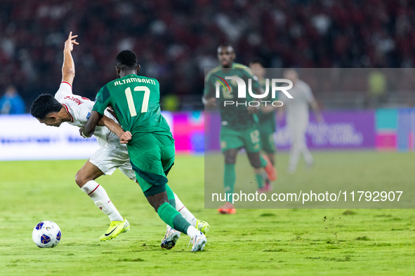 Marselino Ferdinan of Indonesia is in action during the FIFA World Cup Asian 3rd Qualifier Group C match against Saudi Arabia at Gelora Bung...