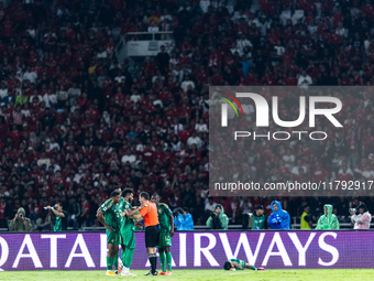 A Saudi Arabia player protests to the referee during the FIFA World Cup Asian 3rd Qualifier Group C match against Indonesia at Gelora Bung K...