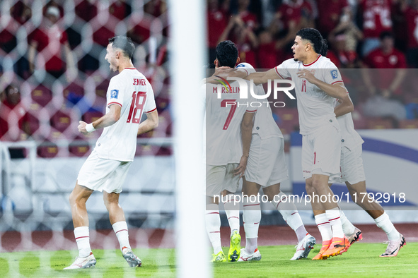 Marselino Ferdinan of Indonesia celebrates scoring their first goal with teammates during the FIFA World Cup Asian 3rd Qualifier Group C mat...