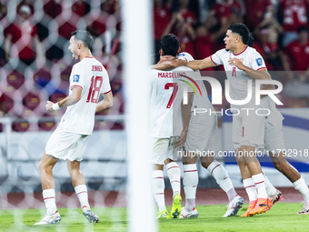 Marselino Ferdinan of Indonesia celebrates scoring their first goal with teammates during the FIFA World Cup Asian 3rd Qualifier Group C mat...