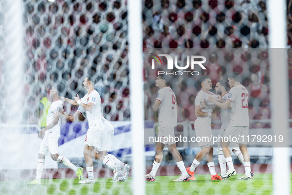 Marselino Ferdinan of Indonesia celebrates scoring their first goal with teammates during the FIFA World Cup Asian 3rd Qualifier Group C mat...