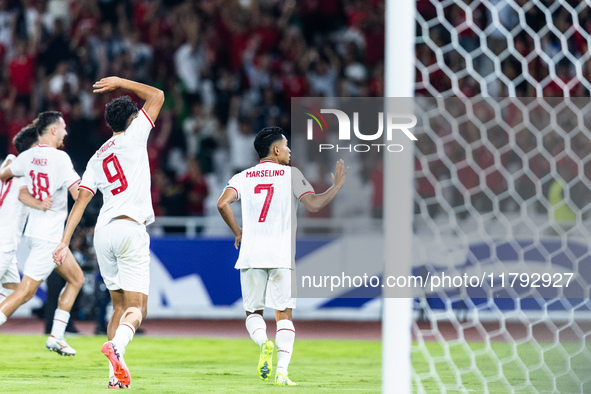 Marselino Ferdinan of Indonesia celebrates scoring their second goal with teammates during the FIFA World Cup Asian 3rd Qualifier Group C ma...