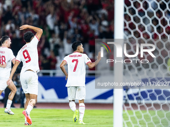 Marselino Ferdinan of Indonesia celebrates scoring their second goal with teammates during the FIFA World Cup Asian 3rd Qualifier Group C ma...