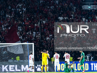 Indonesia players celebrate their victory after the FIFA World Cup Asian 3rd Qualifier Group C match against Saudi Arabia at Gelora Bung Kar...