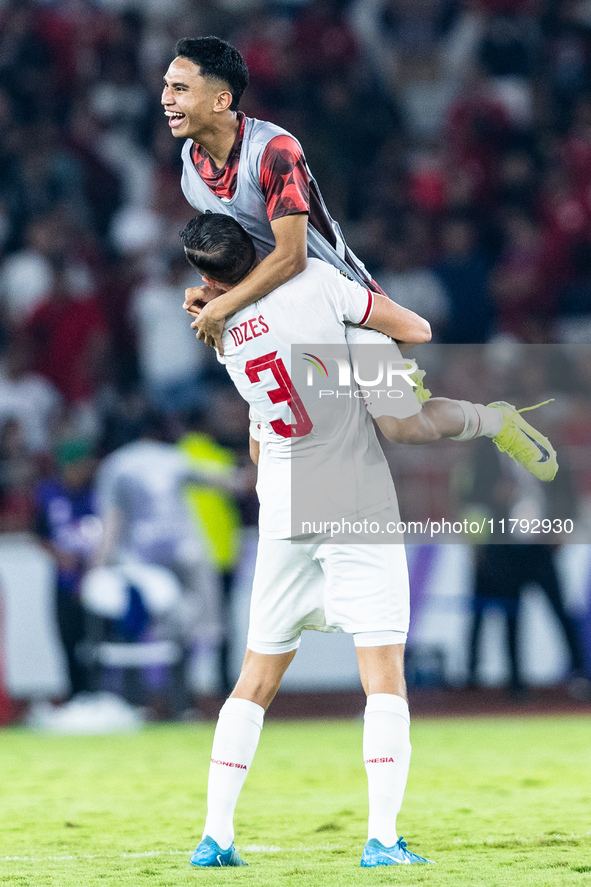 Marselino Ferdinan and Jay Noah Idzes of Indonesia react during the FIFA World Cup Asian 3rd Qualifier Group C match against Saudi Arabia at...