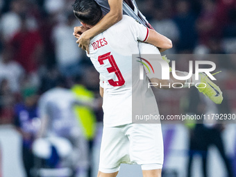 Marselino Ferdinan and Jay Noah Idzes of Indonesia react during the FIFA World Cup Asian 3rd Qualifier Group C match against Saudi Arabia at...