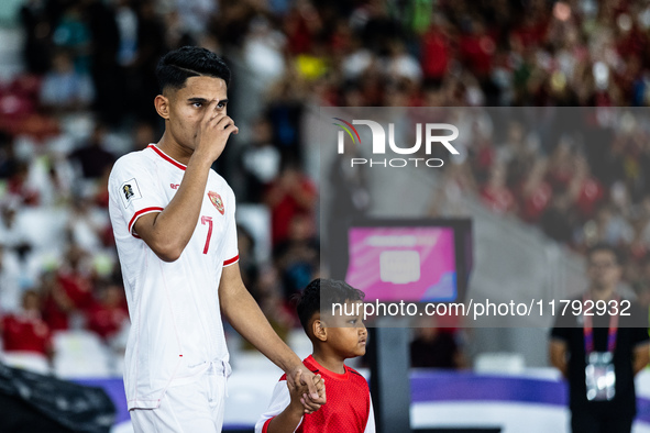 Marselino Ferdinan of Indonesia walks onto the pitch during the FIFA World Cup Asian 3rd Qualifier Group C match against Saudi Arabia at Gel...