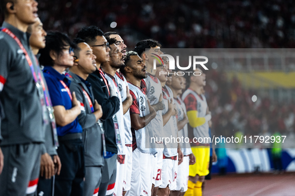 Indonesian players line up during the national anthems before the FIFA World Cup Asian 3rd Qualifier Group C match against Saudi Arabia at G...