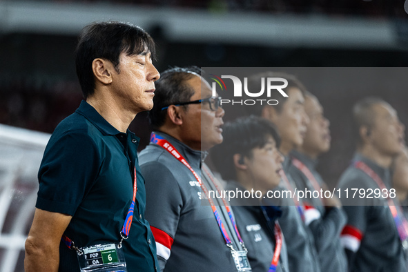 Head coach Shin Tae-Yong of Indonesia looks on during the FIFA World Cup Asian 3rd Qualifier Group C match against Saudi Arabia at Gelora Bu...