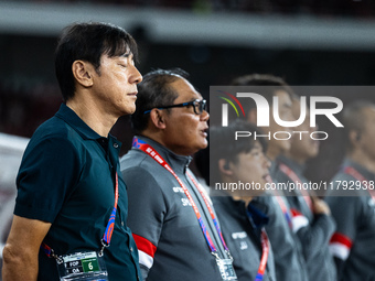 Head coach Shin Tae-Yong of Indonesia looks on during the FIFA World Cup Asian 3rd Qualifier Group C match against Saudi Arabia at Gelora Bu...