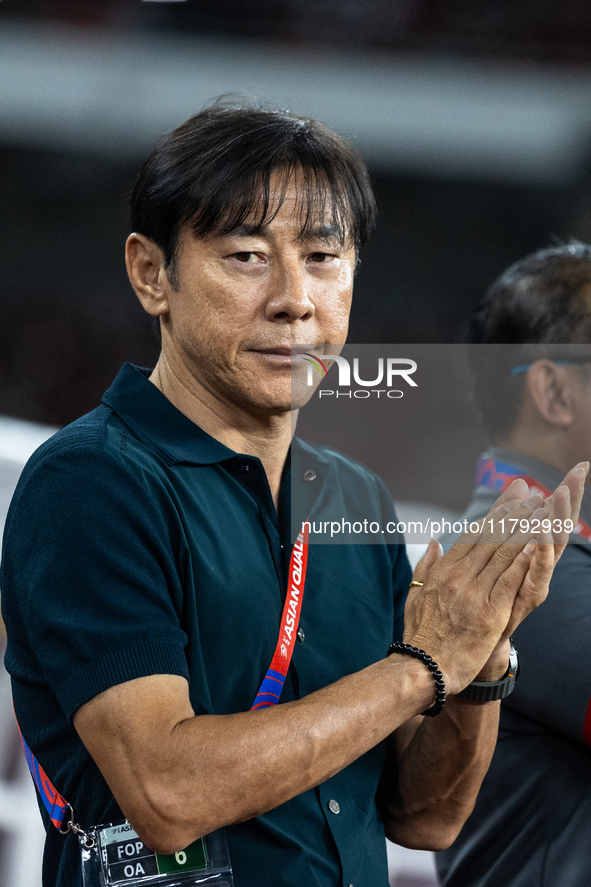 Head coach Shin Tae-Yong of Indonesia looks on during the FIFA World Cup Asian 3rd Qualifier Group C match against Saudi Arabia at Gelora Bu...