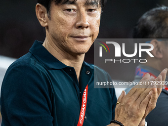 Head coach Shin Tae-Yong of Indonesia looks on during the FIFA World Cup Asian 3rd Qualifier Group C match against Saudi Arabia at Gelora Bu...