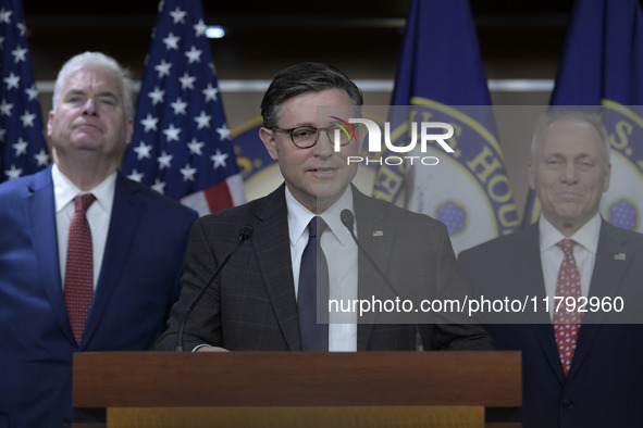 US House Speaker Mike Johnson speaks on immigration policy during a press conference in Washington DC, USA, on November 19, 2024. 