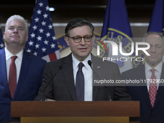 US House Speaker Mike Johnson speaks on immigration policy during a press conference in Washington DC, USA, on November 19, 2024. (