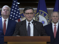 US House Speaker Mike Johnson speaks on immigration policy during a press conference in Washington DC, USA, on November 19, 2024. (