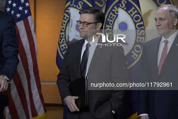 US House Speaker Mike Johnson arrives to speak on immigration policy during a press conference in Washington DC, USA, on November 19, 2024. 