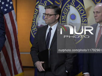 US House Speaker Mike Johnson arrives to speak on immigration policy during a press conference in Washington DC, USA, on November 19, 2024....