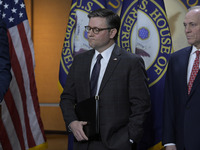 US House Speaker Mike Johnson arrives to speak on immigration policy during a press conference in Washington DC, USA, on November 19, 2024....