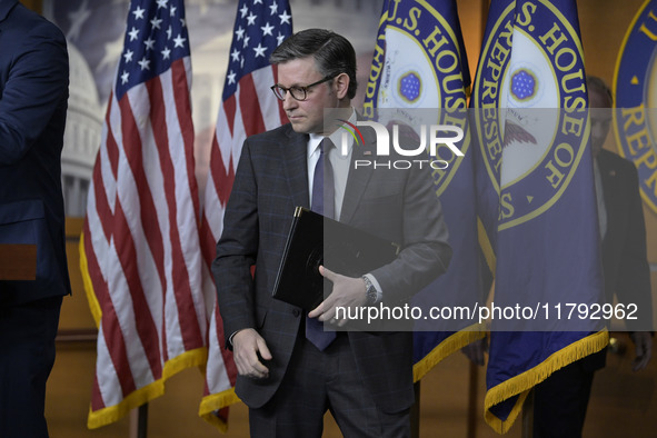 US House Speaker Mike Johnson arrives to speak on immigration policy during a press conference in Washington DC, USA, on November 19, 2024. 