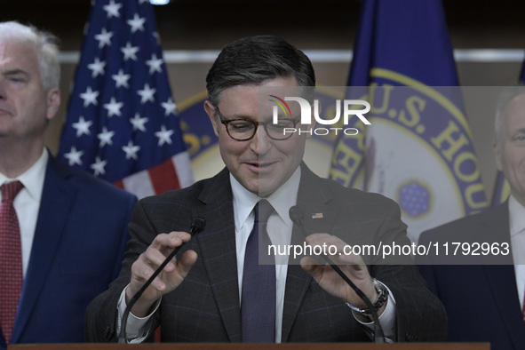 US House Speaker Mike Johnson speaks on immigration policy during a press conference in Washington DC, USA, on November 19, 2024. 