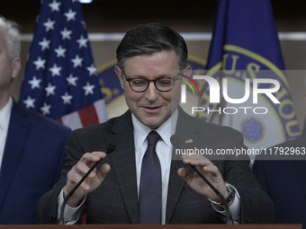 US House Speaker Mike Johnson speaks on immigration policy during a press conference in Washington DC, USA, on November 19, 2024. (