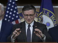 US House Speaker Mike Johnson speaks on immigration policy during a press conference in Washington DC, USA, on November 19, 2024. (