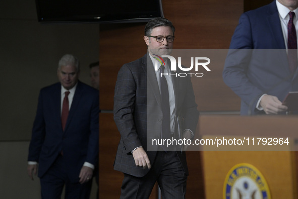 US House Speaker Mike Johnson arrives to speak on immigration policy during a press conference in Washington DC, USA, on November 19, 2024. 