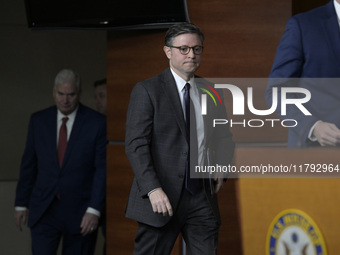 US House Speaker Mike Johnson arrives to speak on immigration policy during a press conference in Washington DC, USA, on November 19, 2024....