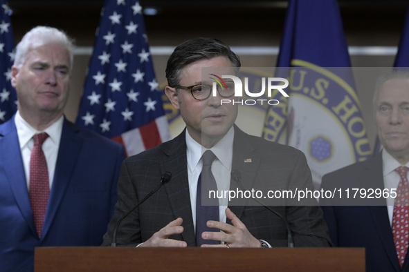 US House Speaker Mike Johnson speaks on immigration policy during a press conference in Washington DC, USA, on November 19, 2024. 