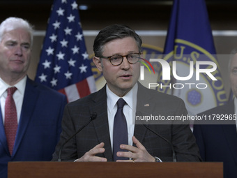 US House Speaker Mike Johnson speaks on immigration policy during a press conference in Washington DC, USA, on November 19, 2024. (