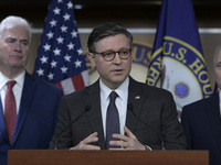 US House Speaker Mike Johnson speaks on immigration policy during a press conference in Washington DC, USA, on November 19, 2024. (