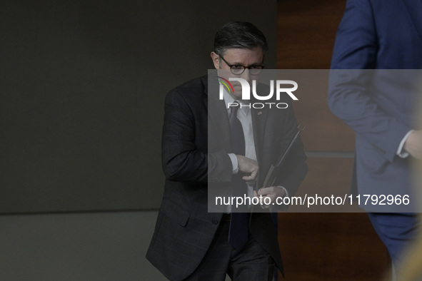 US House Speaker Mike Johnson arrives to speak on immigration policy during a press conference in Washington DC, USA, on November 19, 2024. 