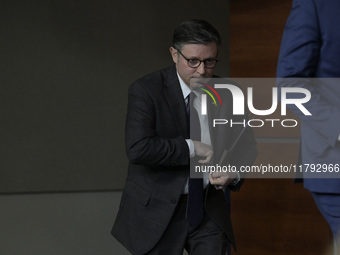 US House Speaker Mike Johnson arrives to speak on immigration policy during a press conference in Washington DC, USA, on November 19, 2024....