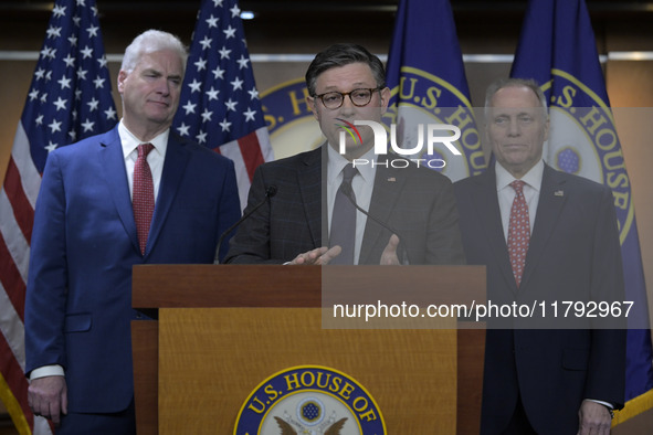 US House Speaker Mike Johnson speaks on immigration policy during a press conference in Washington DC, USA, on November 19, 2024. 