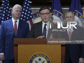 US House Speaker Mike Johnson speaks on immigration policy during a press conference in Washington DC, USA, on November 19, 2024. (