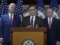 US House Speaker Mike Johnson speaks on immigration policy during a press conference in Washington DC, USA, on November 19, 2024. (