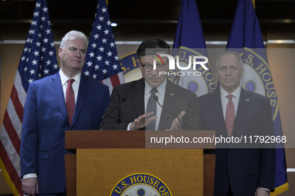 US House Speaker Mike Johnson speaks on immigration policy during a press conference in Washington DC, USA, on November 19, 2024. 