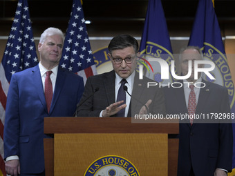 US House Speaker Mike Johnson speaks on immigration policy during a press conference in Washington DC, USA, on November 19, 2024. (