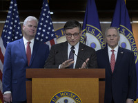 US House Speaker Mike Johnson speaks on immigration policy during a press conference in Washington DC, USA, on November 19, 2024. (