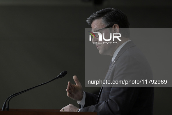 US House Speaker Mike Johnson speaks on immigration policy during a press conference in Washington DC, USA, on November 19, 2024. 