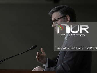 US House Speaker Mike Johnson speaks on immigration policy during a press conference in Washington DC, USA, on November 19, 2024. (