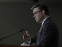 US House Speaker Mike Johnson speaks on immigration policy during a press conference in Washington DC, USA, on November 19, 2024. (