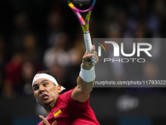 MALAGA, SPAIN - NOVEMBER 19: Rafa Nadal of Spain Team in his singles match against Botic van de Zandschulp of Netherlands in the Quarter-Fin...