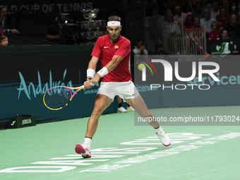 MALAGA, SPAIN - NOVEMBER 19: Rafa Nadal of Spain Team in his singles match against Botic van de Zandschulp of Netherlands in the Quarter-Fin...