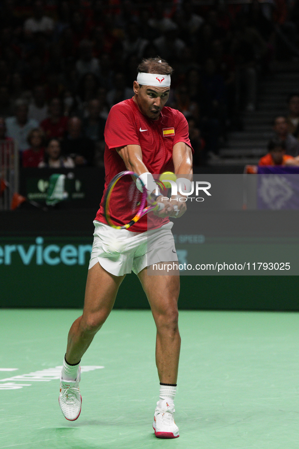 MALAGA, SPAIN - NOVEMBER 19: Rafa Nadal of Spain Team in his singles match against Botic van de Zandschulp of Netherlands in the Quarter-Fin...