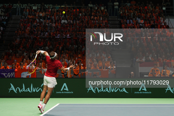 MALAGA, SPAIN - NOVEMBER 19: Rafa Nadal of Spain Team in his singles match against Botic van de Zandschulp of Netherlands in the Quarter-Fin...