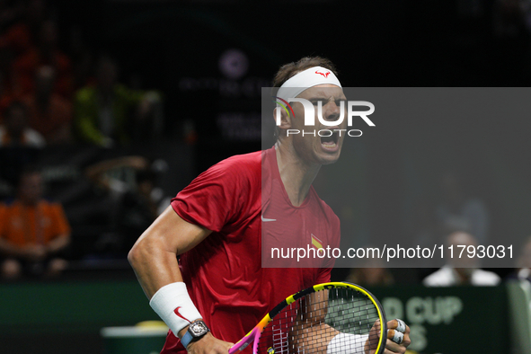 MALAGA, SPAIN - NOVEMBER 19: Rafa Nadal of Spain Team in his singles match against Botic van de Zandschulp of Netherlands in the Quarter-Fin...